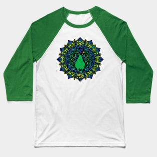 Blue and Green Peacock Mandela Baseball T-Shirt